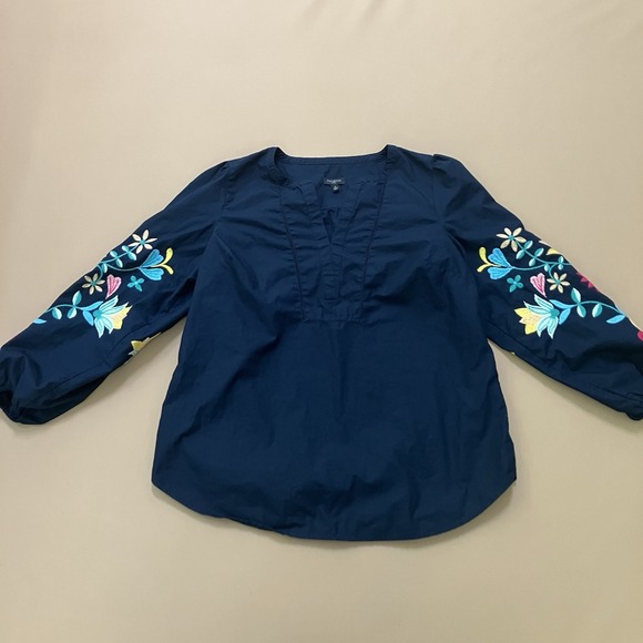 TALBOTS Women's Embroidered Sleeve V-Neck Navy Blue Poplin Top‎ Small Petite SP - Picture 2 of 13